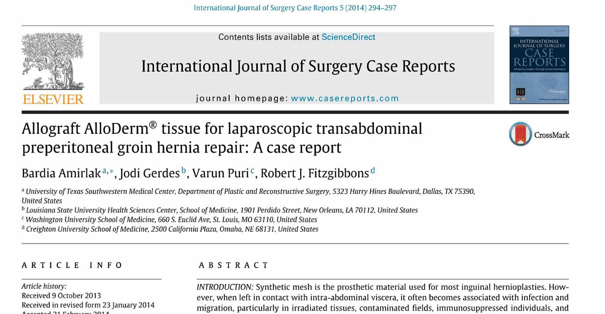 Allograft AllDerm® tissue for laporoscopic transabdominal preperitoneal groin hernia repair: A case report