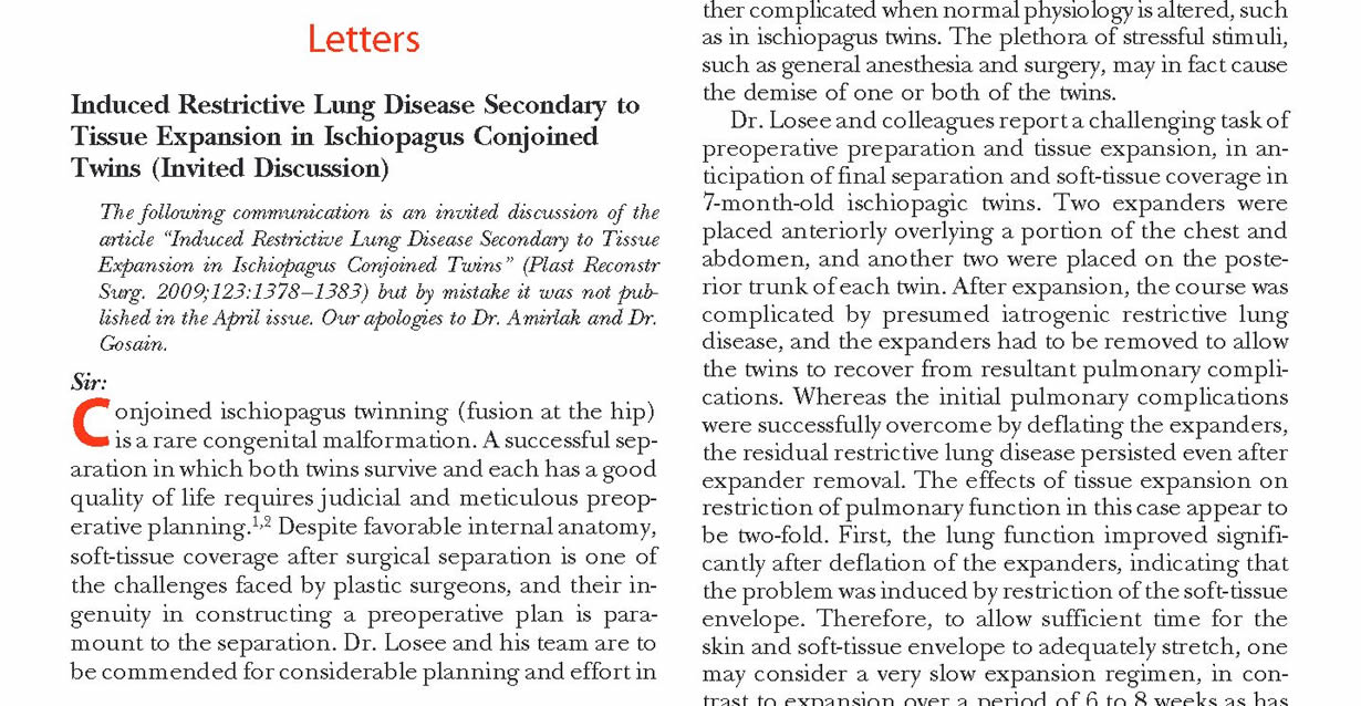 Induced restrictive lung disease secondary to tissue expansion in ischiopagus conjoined twins (invited discussion)