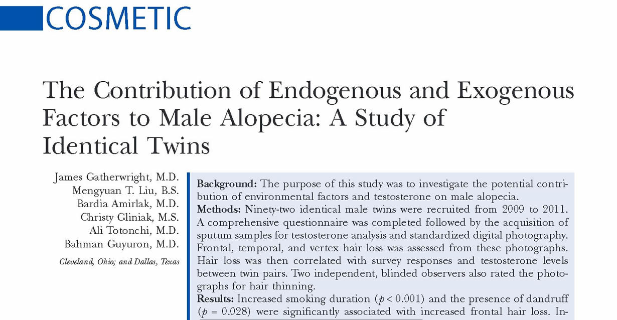 The contribution of endogenous and exogenous factors to male alopecia: a study of identical twins